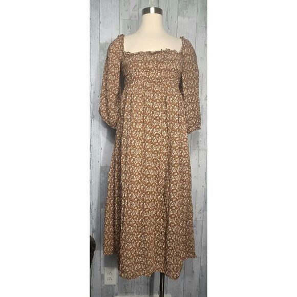 O.P.T. Savannah Square Neck Puff Sleeve Ditsy Floral Midi Peasant Dress Sz. L - Picture 2 of 6